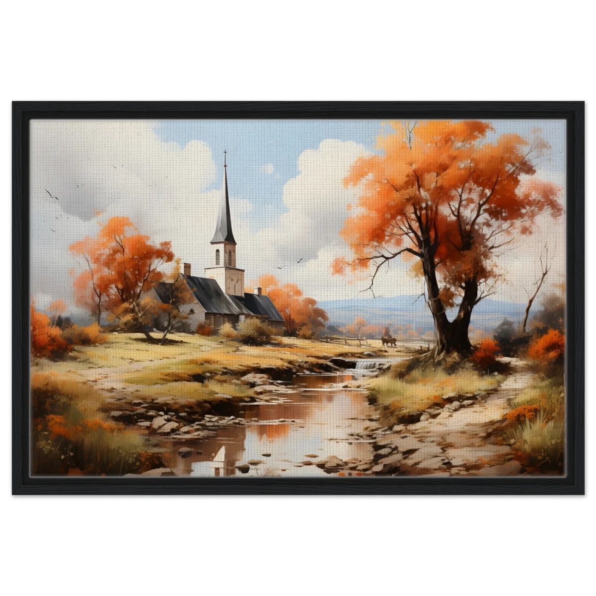 Autumn Serenity by the Chapel – Countryside Landscape Wall Art Print - Framed Canvas - 50x75 cm / 20x30″ - Black frame