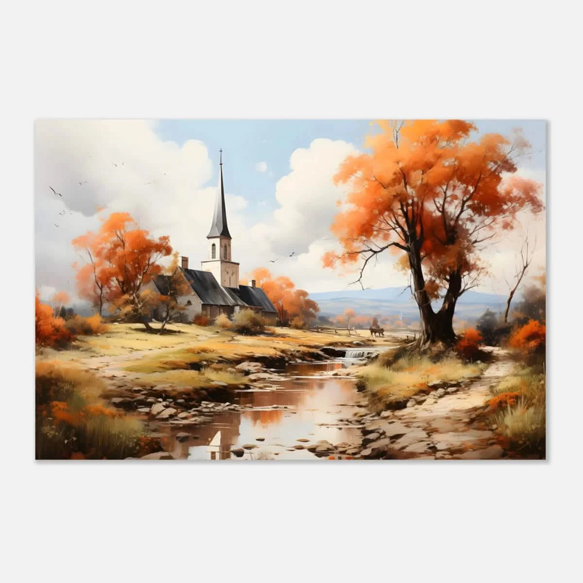 Autumn Serenity by the Chapel – Countryside Landscape Wall Art Print - Aluminum Print - 40x60 cm / 16x24″ -