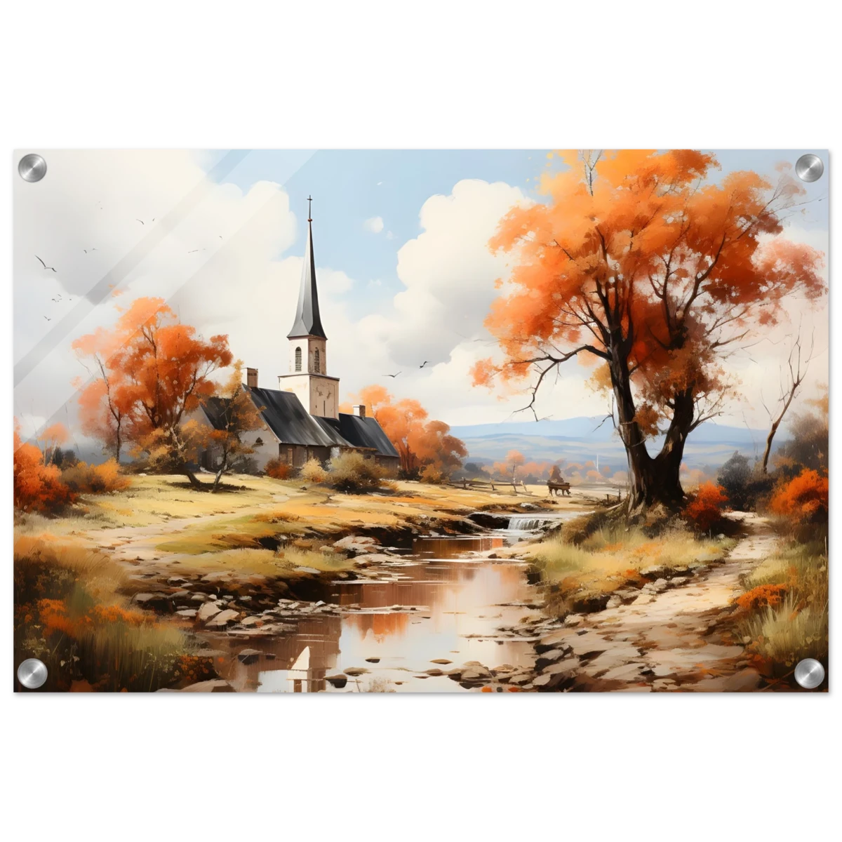 Autumn Serenity by the Chapel – Countryside Landscape Wall Art Print - Acrylic Print - 40x60 cm / 16x24″ -