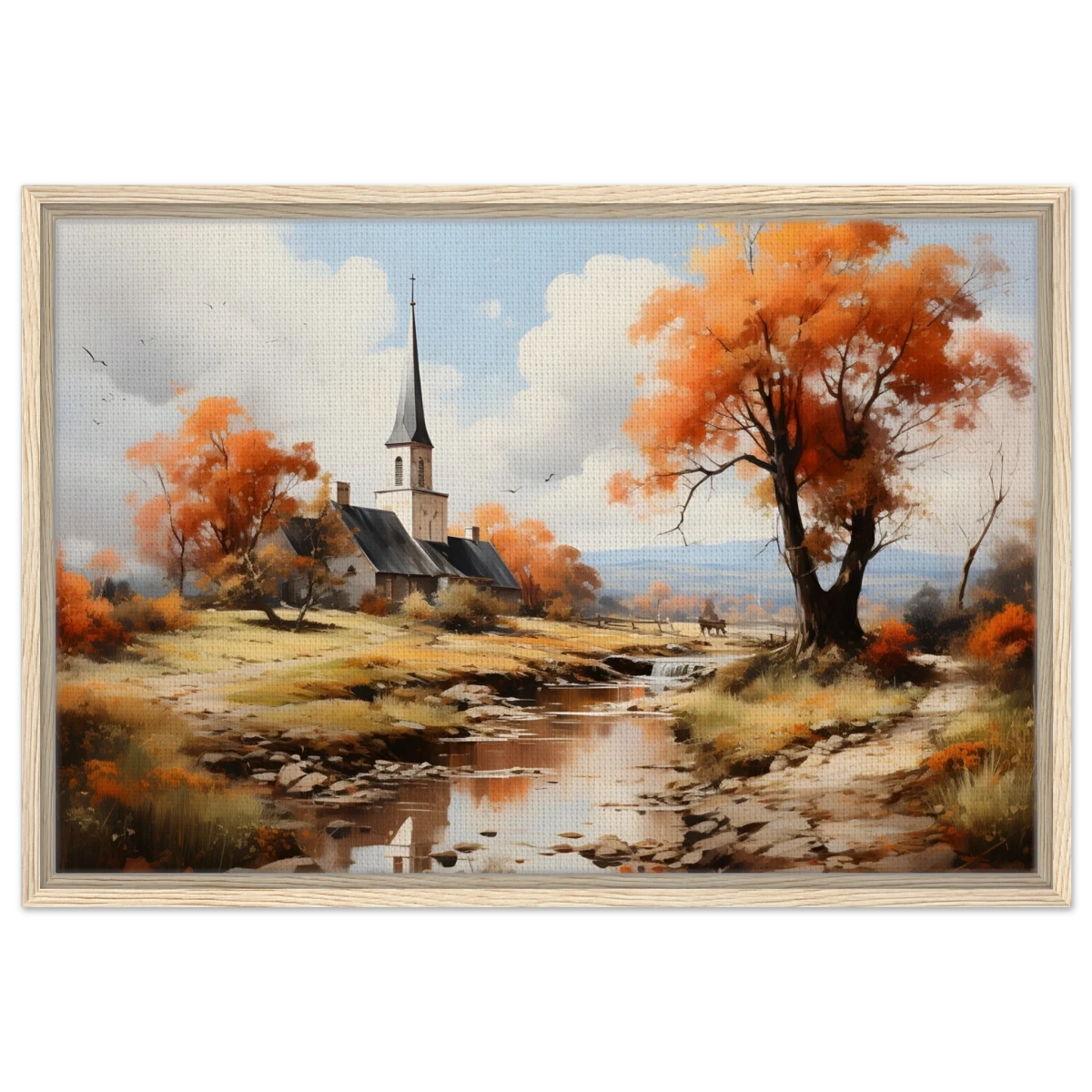 Autumn Serenity by the Chapel – Countryside Landscape Wall Art Print - Framed Canvas - 50x75 cm / 20x30″ - Wood frame