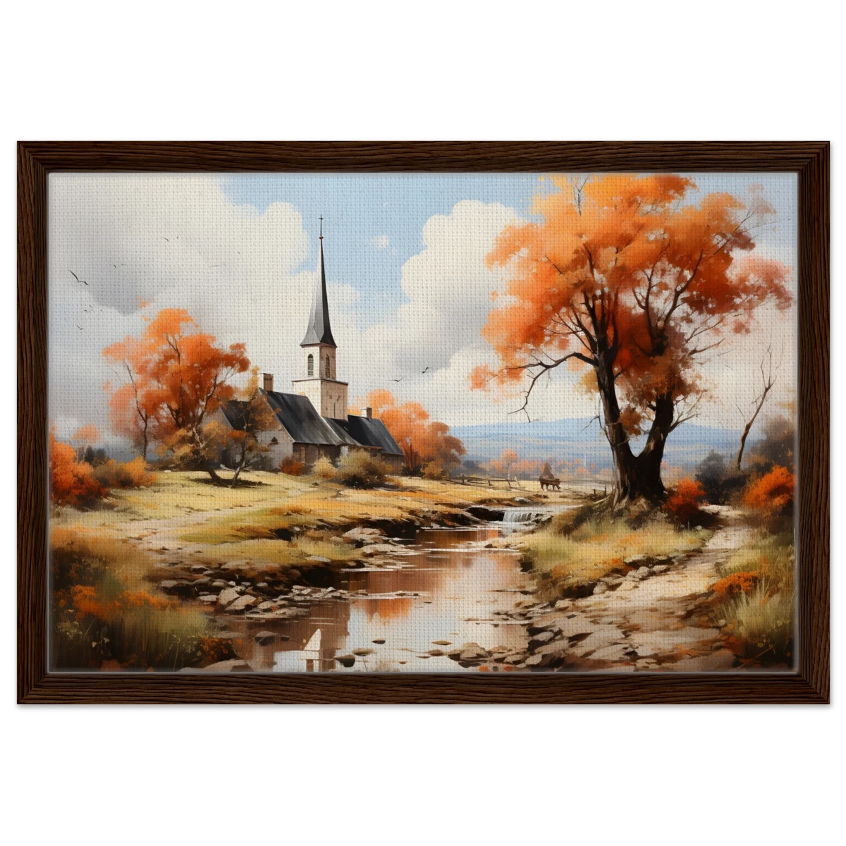 Autumn Serenity by the Chapel – Countryside Landscape Wall Art Print - Framed Canvas - 40x60 cm / 16x24″ - Dark wood frame