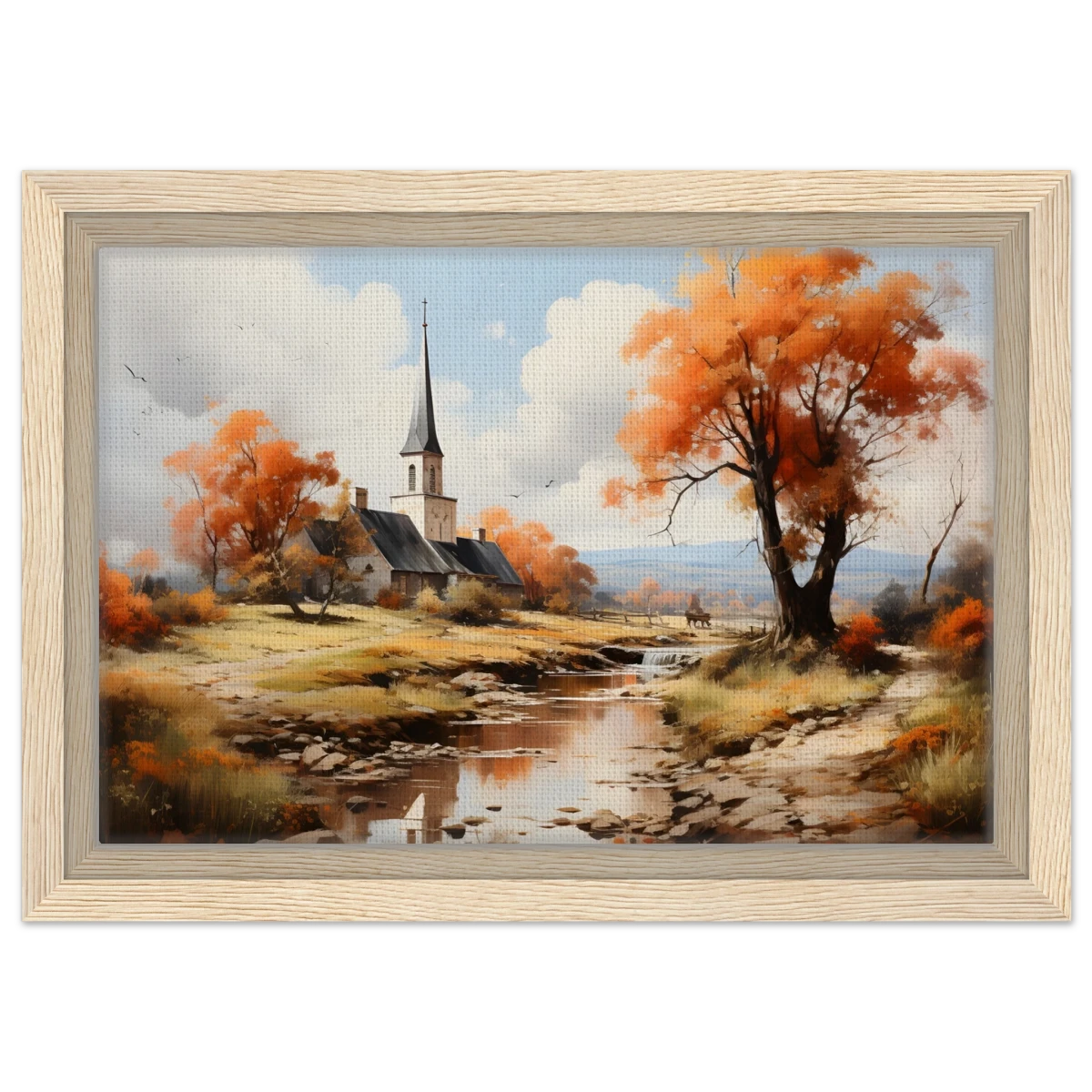 Autumn Serenity by the Chapel – Countryside Landscape Wall Art Print - Framed Canvas - 20x30 cm / 8x12″ - Wood frame