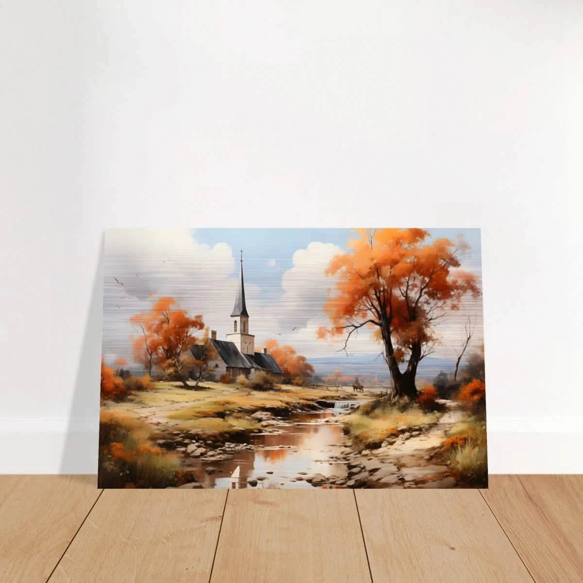 Autumn Serenity by the Chapel – Countryside Landscape Wall Art Print - Brushed Aluminum Print - 40x60 cm / 16x24″ -