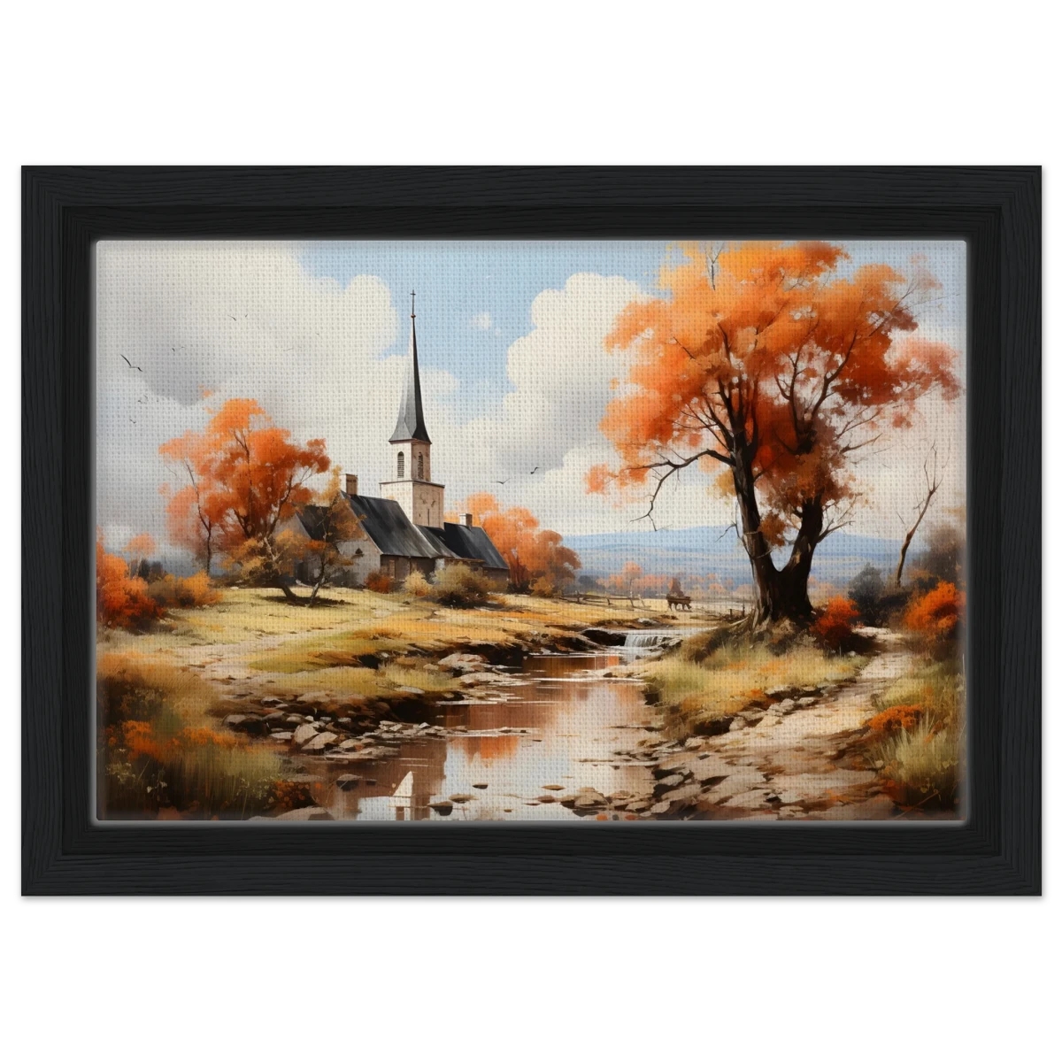 Autumn Serenity by the Chapel – Countryside Landscape Wall Art Print - Framed Canvas - 20x30 cm / 8x12″ - Black frame