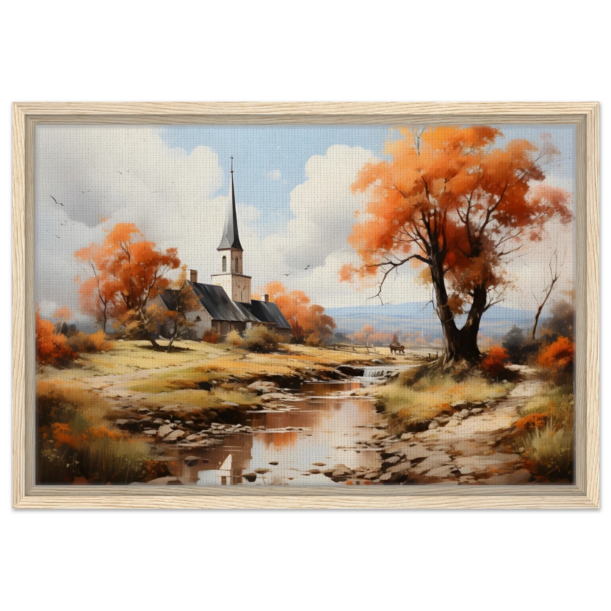 Autumn Serenity by the Chapel – Countryside Landscape Wall Art Print - Framed Canvas - 40x60 cm / 16x24″ - Wood frame