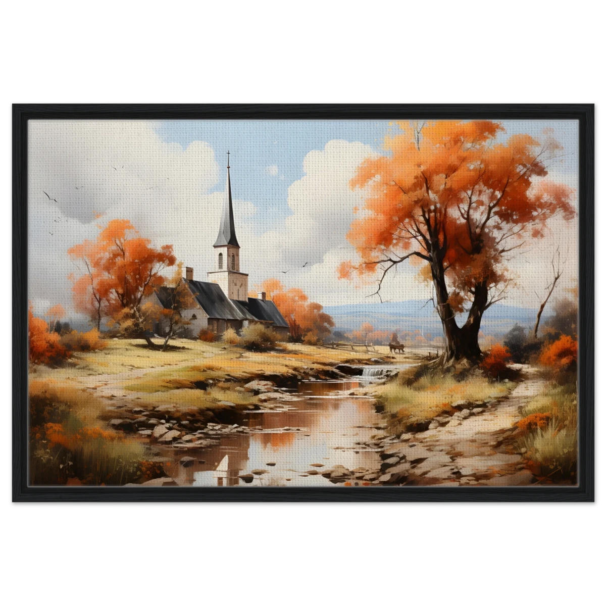 Autumn Serenity by the Chapel – Countryside Landscape Wall Art Print - Framed Canvas - 60x90 cm / 24x36″ - Black frame