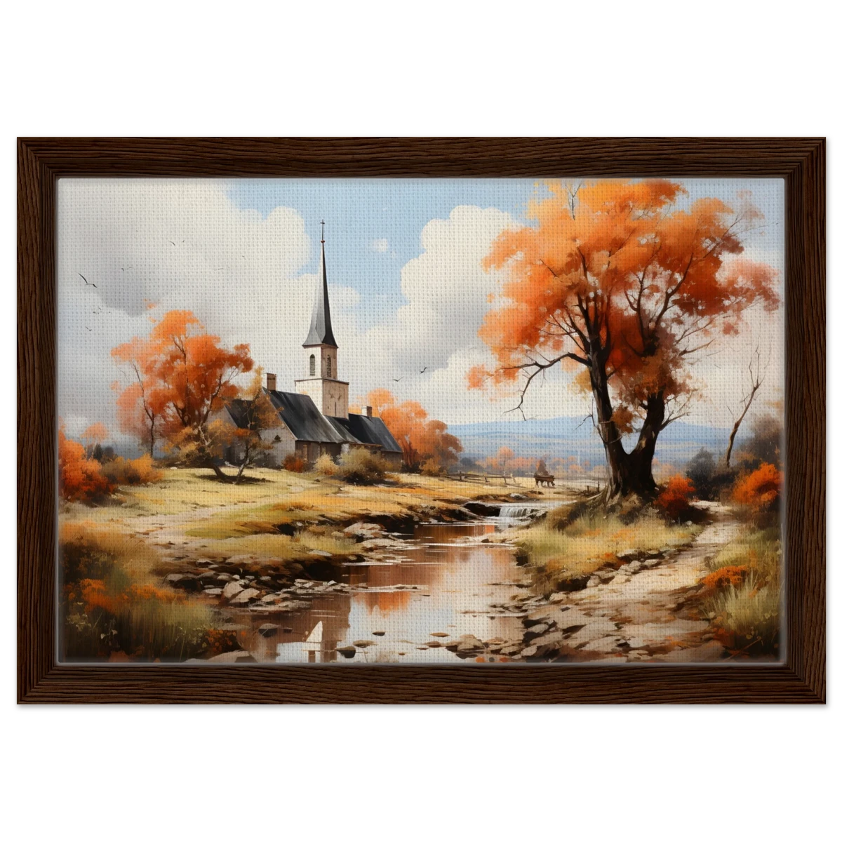 Autumn Serenity by the Chapel – Countryside Landscape Wall Art Print - Framed Canvas - 30x45 cm / 12x18″ - Dark wood frame