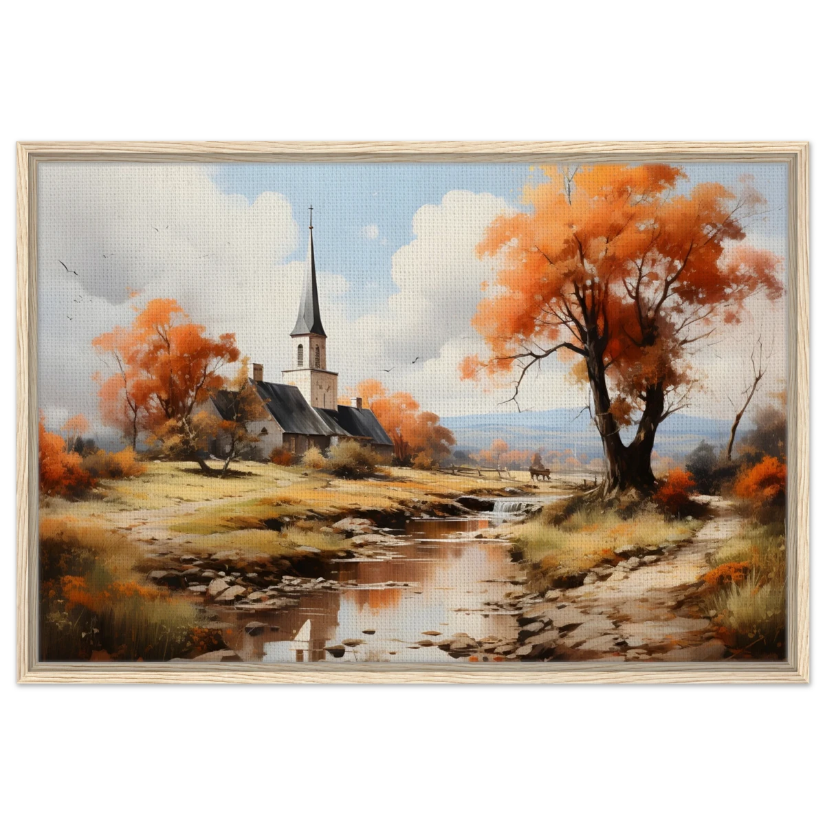 Autumn Serenity by the Chapel – Countryside Landscape Wall Art Print - Framed Canvas - 60x90 cm / 24x36″ - Wood frame