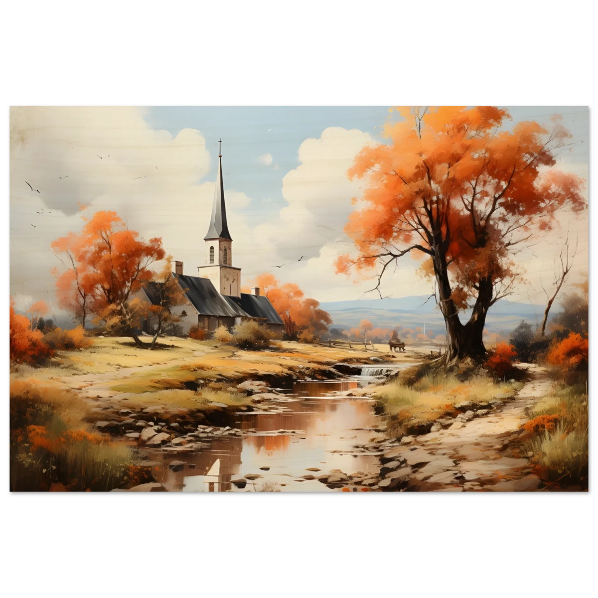 Autumn Serenity by the Chapel – Countryside Landscape Wall Art Print - Wood Prints - 60x90 cm / 24x36″ -