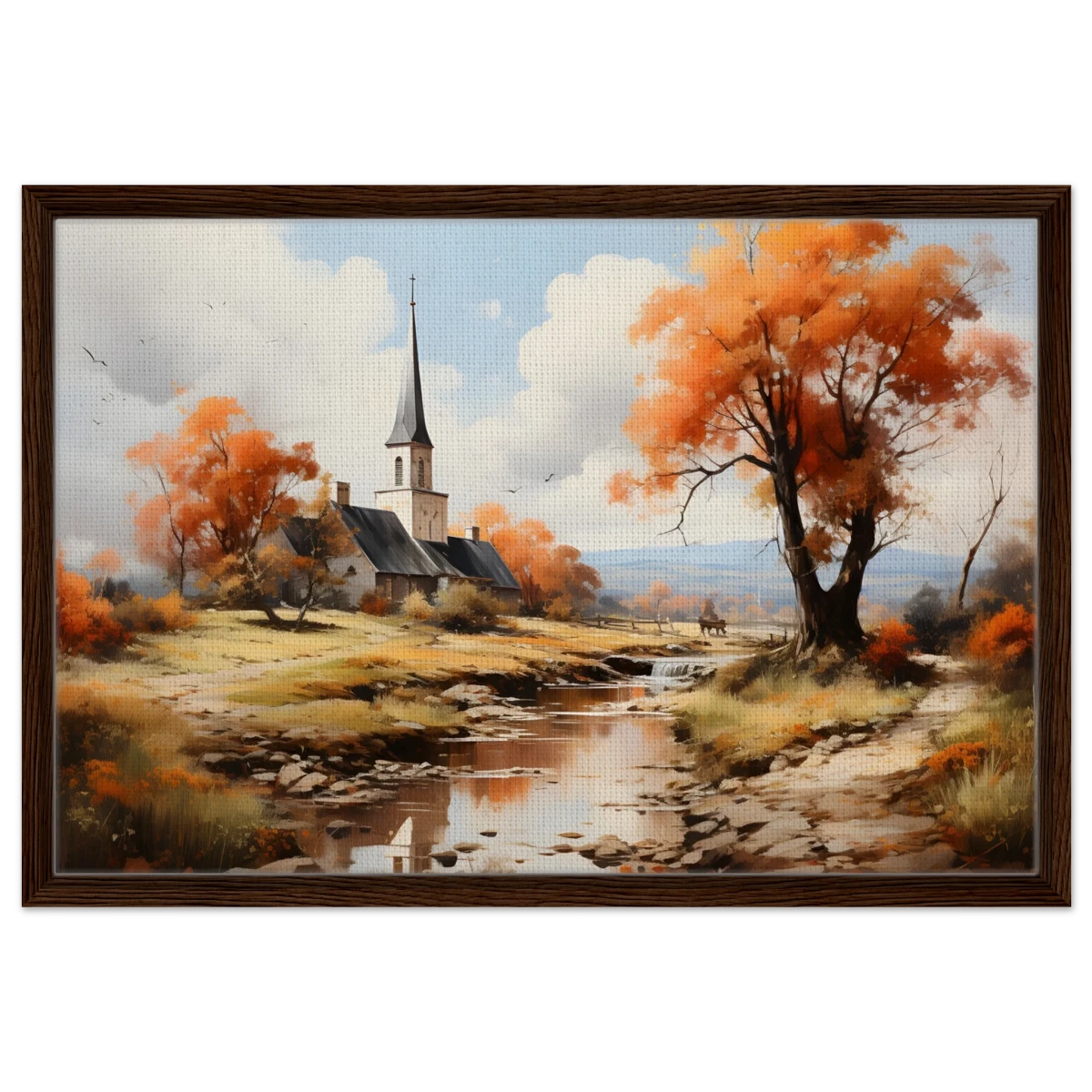 Autumn Serenity by the Chapel – Countryside Landscape Wall Art Print - Framed Canvas - 50x75 cm / 20x30″ - Dark wood frame