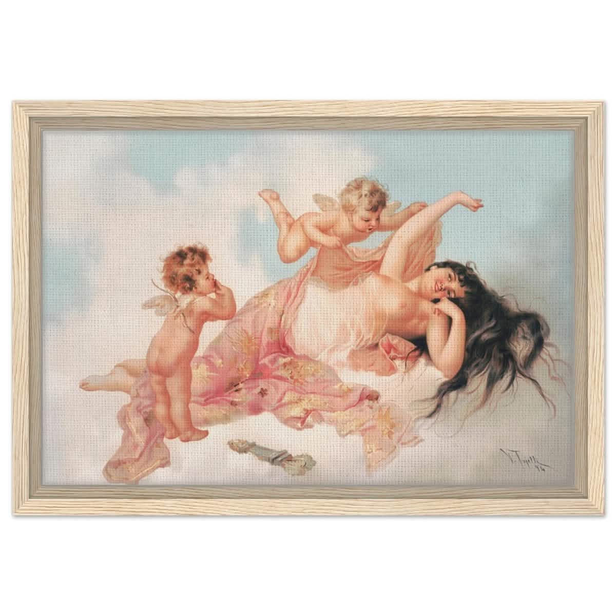 Awakening of love 1894 by Virgilio Tojetti | Vintage wall art print - Framed Canvas - 30x45 cm / 12x18″ - Wood frame