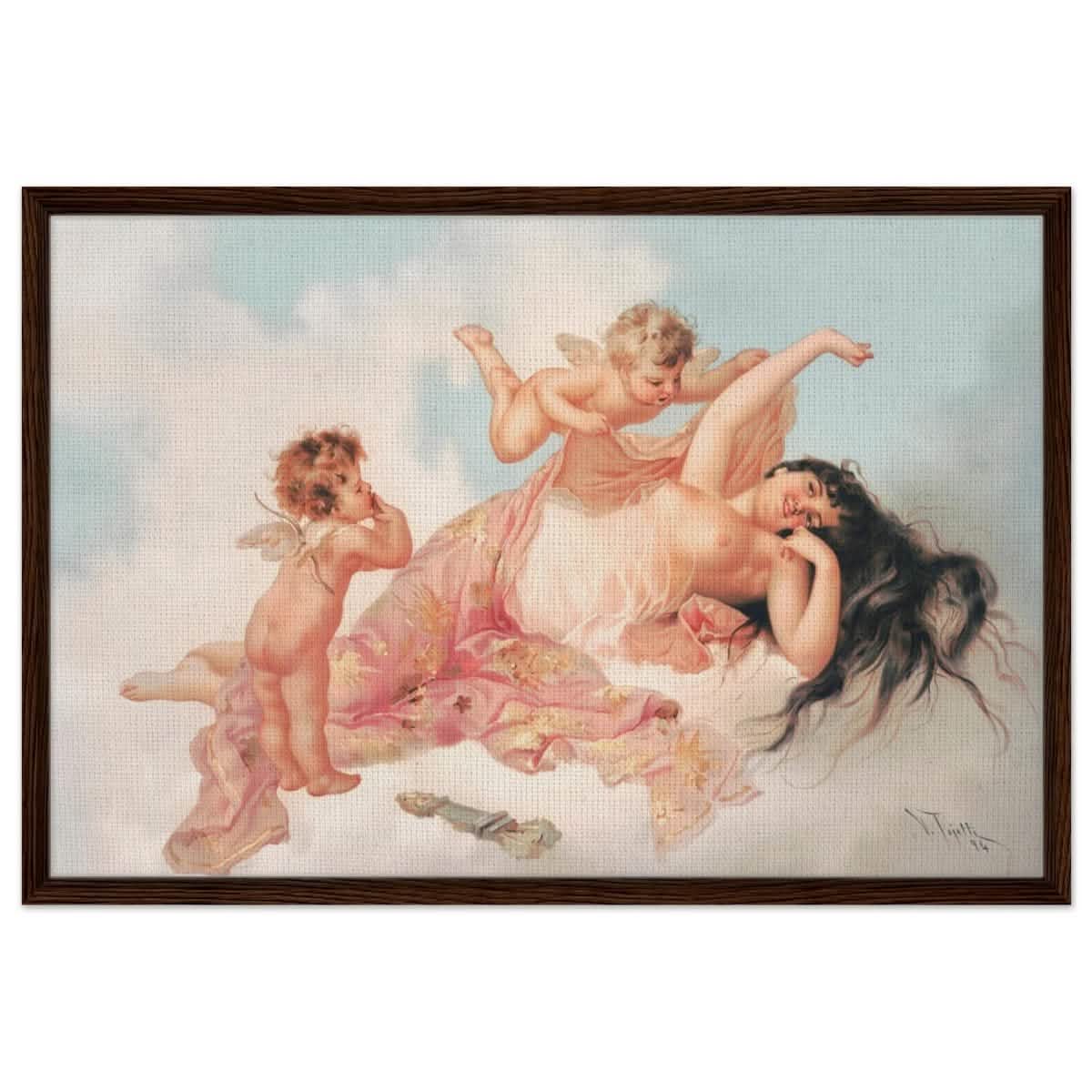 Awakening of love 1894 by Virgilio Tojetti | Vintage wall art print - Framed Canvas - 60x90 cm / 24x36″ - Dark wood frame