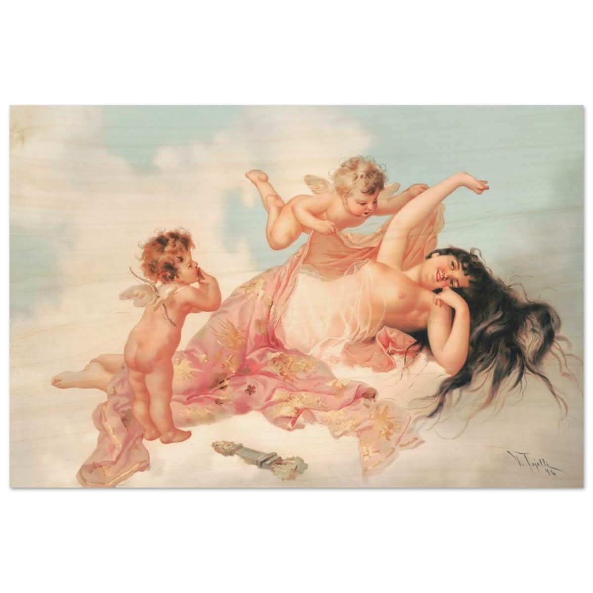 Awakening of love 1894 by Virgilio Tojetti | Vintage wall art print - Wood Prints - 50x75 cm / 20x30″ -