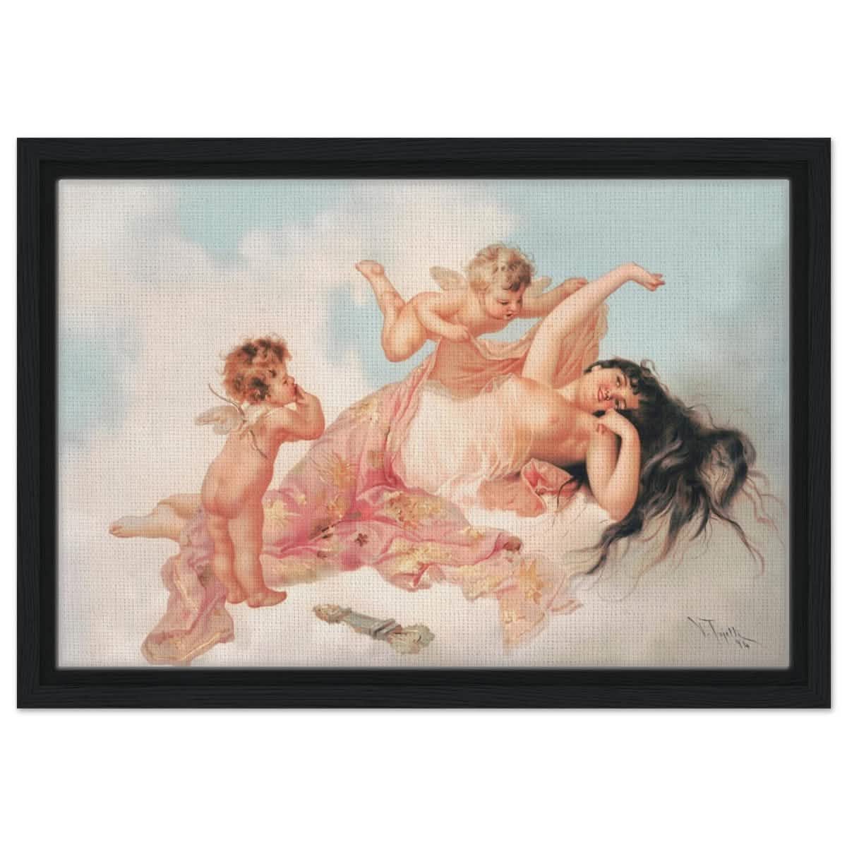 Awakening of love 1894 by Virgilio Tojetti | Vintage wall art print - Framed Canvas - 30x45 cm / 12x18″ - Black frame