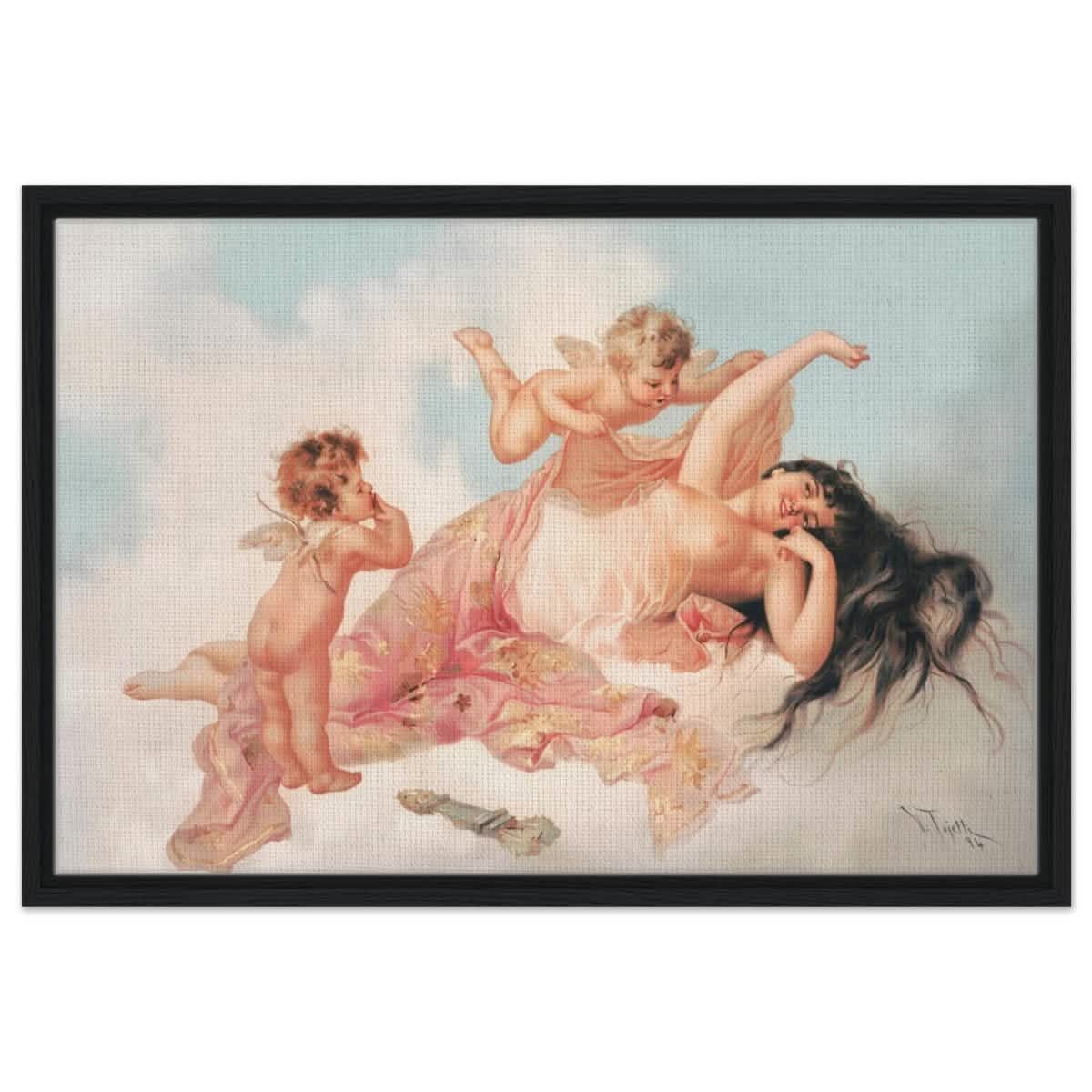 Awakening of love 1894 by Virgilio Tojetti | Vintage wall art print - Framed Canvas - 50x75 cm / 20x30″ - Black frame