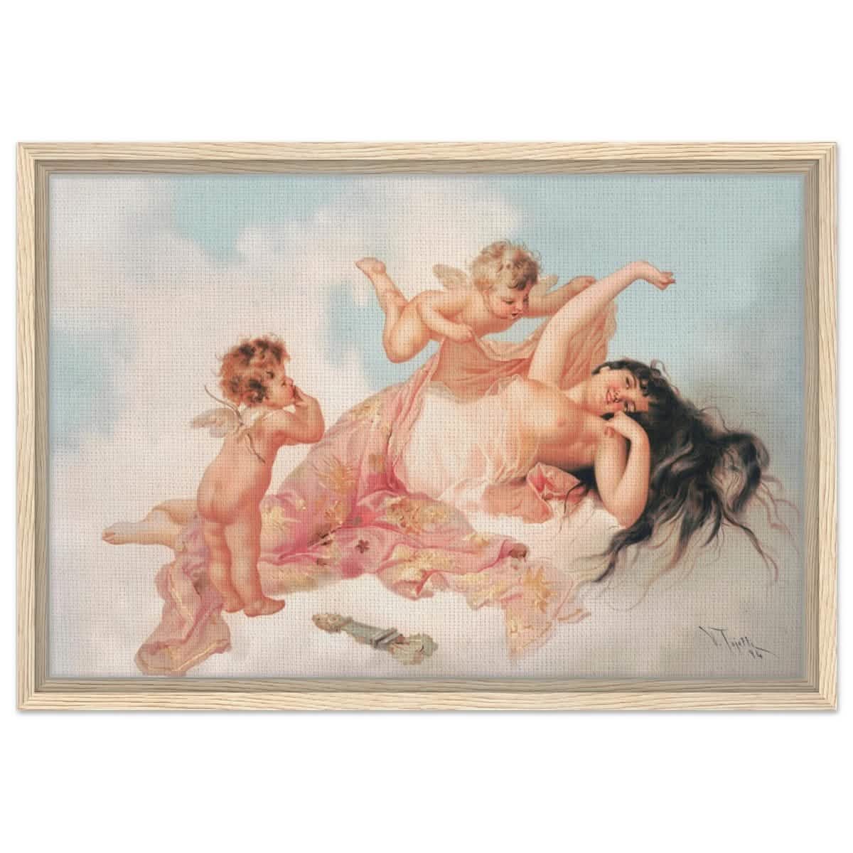 Awakening of love 1894 by Virgilio Tojetti | Vintage wall art print - Framed Canvas - 40x60 cm / 16x24″ - Wood frame
