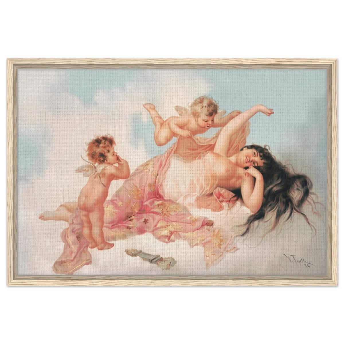 Awakening of love 1894 by Virgilio Tojetti | Vintage wall art print - Framed Canvas - 50x75 cm / 20x30″ - Wood frame