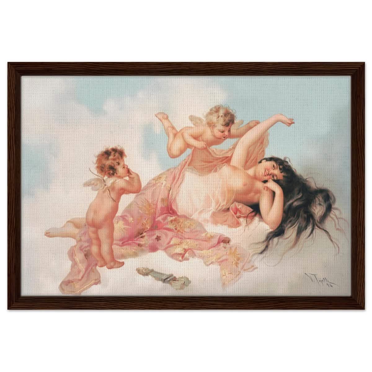 Awakening of love 1894 by Virgilio Tojetti | Vintage wall art print - Framed Canvas - 40x60 cm / 16x24″ - Dark wood frame