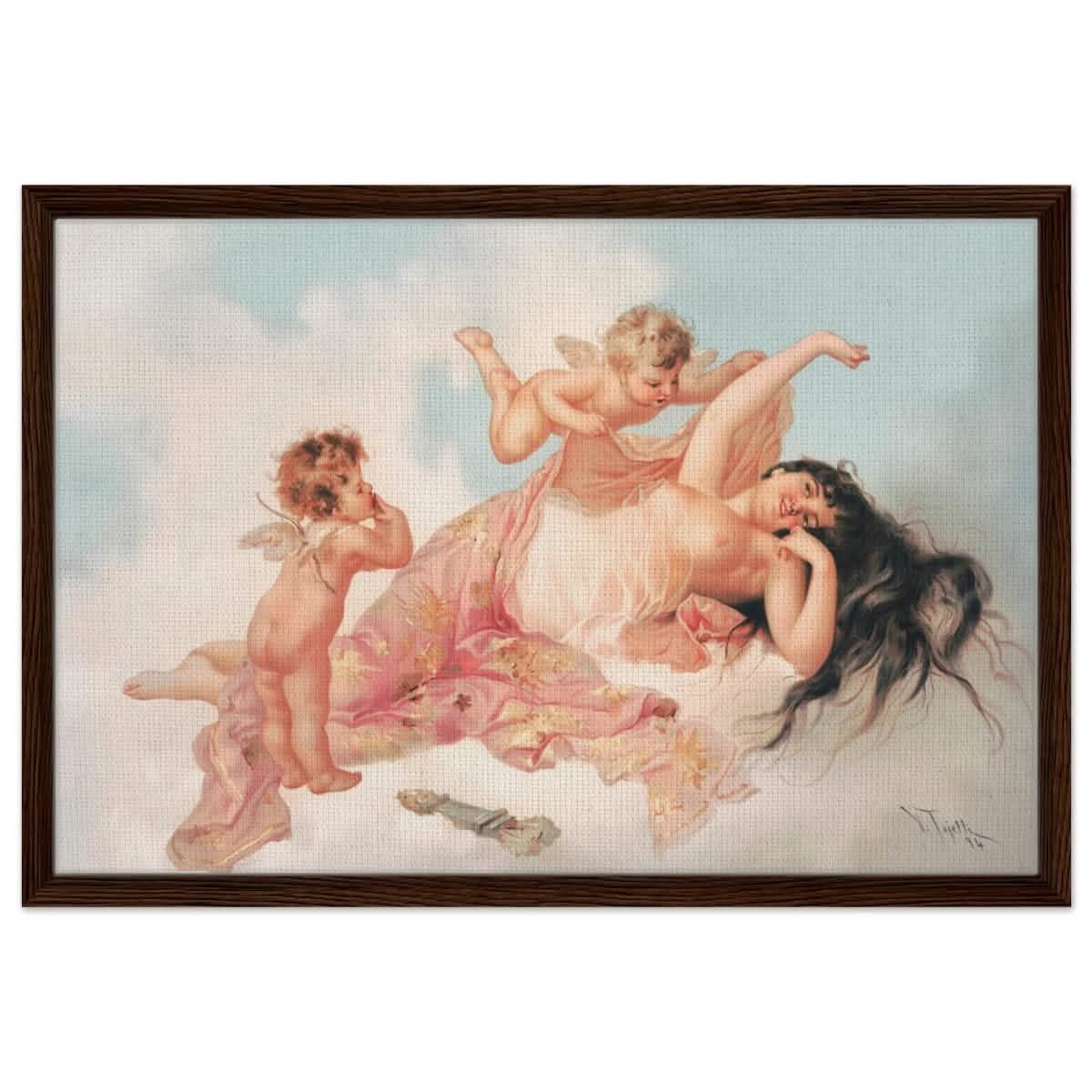 Awakening of love 1894 by Virgilio Tojetti | Vintage wall art print - Framed Canvas - 50x75 cm / 20x30″ - Dark wood frame