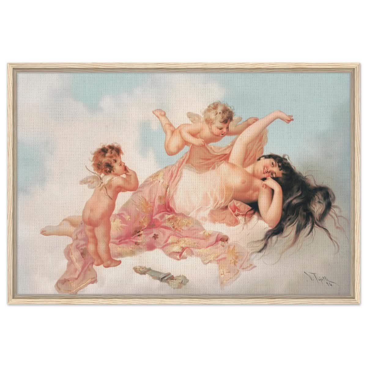 Awakening of love 1894 by Virgilio Tojetti | Vintage wall art print - Framed Canvas - 60x90 cm / 24x36″ - Wood frame