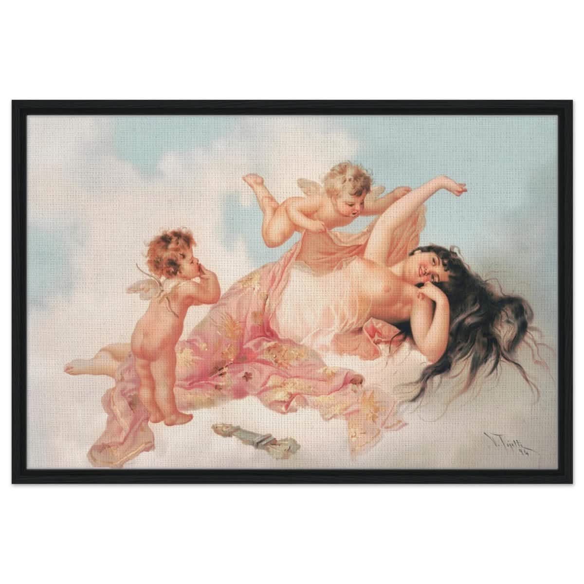 Awakening of love 1894 by Virgilio Tojetti | Vintage wall art print - Framed Canvas - 60x90 cm / 24x36″ - Black frame