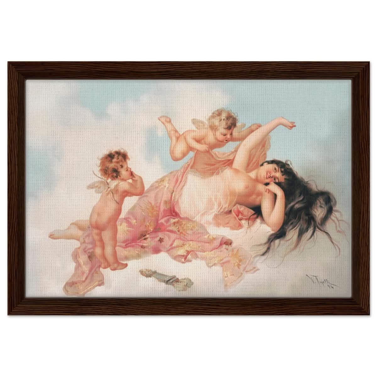 Awakening of love 1894 by Virgilio Tojetti | Vintage wall art print - Framed Canvas - 30x45 cm / 12x18″ - Dark wood frame