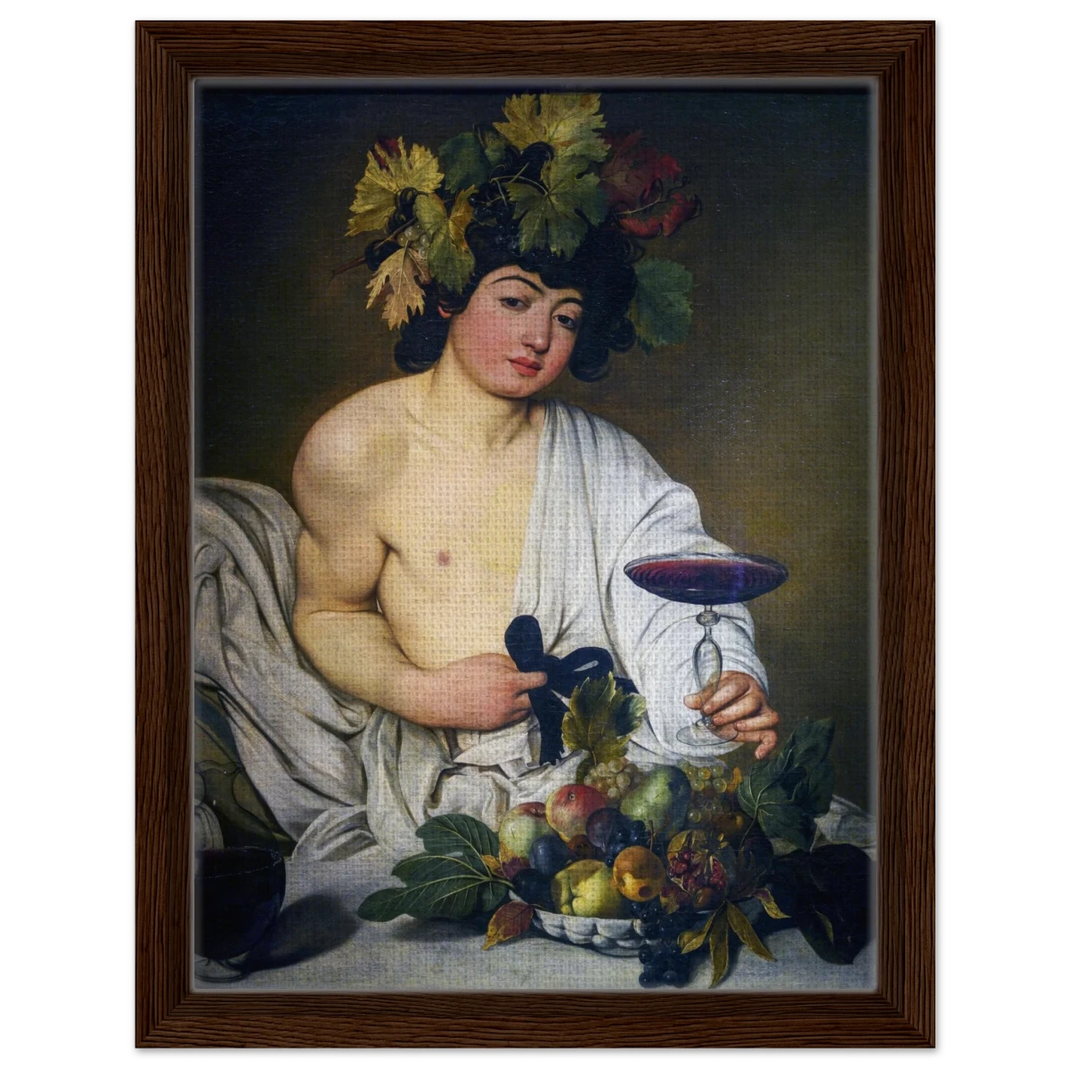 Bacchus (c. 1596) by Michelangelo Merisi da Caravaggio | Wall art Print | Vintage Collection - Framed Canvas - 30x40 cm / 12x16″ - Dark wood frame