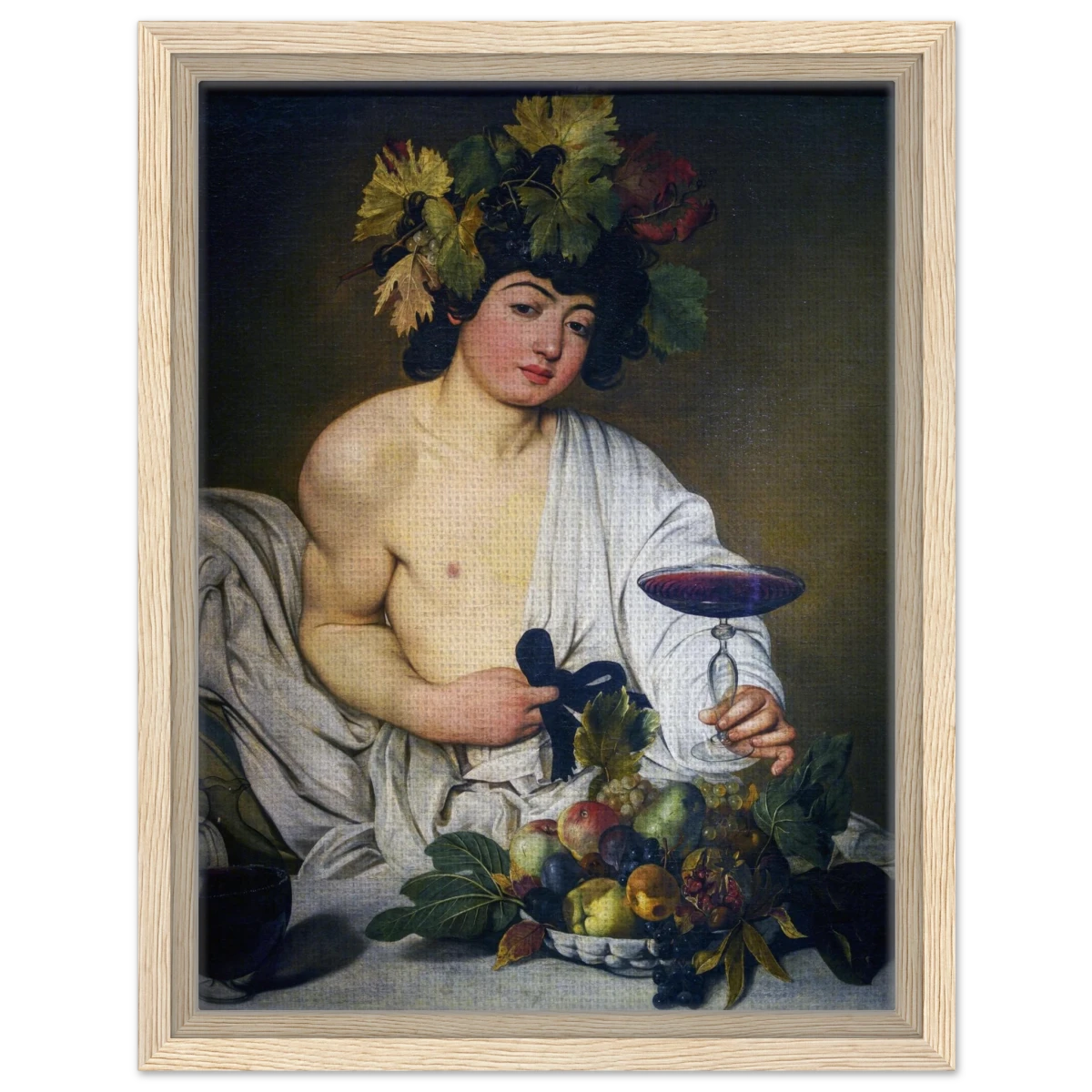 Bacchus (c. 1596) by Michelangelo Merisi da Caravaggio | Wall art Print | Vintage Collection - Framed Canvas - 30x40 cm / 12x16″ - Wood frame