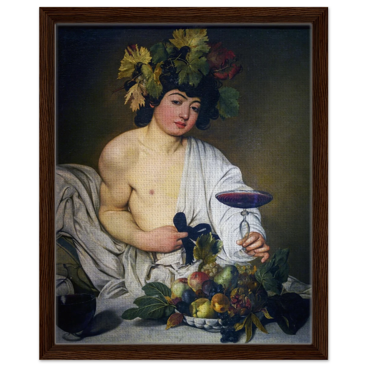 Bacchus (c. 1596) by Michelangelo Merisi da Caravaggio | Wall art Print | Vintage Collection - Framed Canvas - 40x50 cm / 16x20″ - Dark wood frame