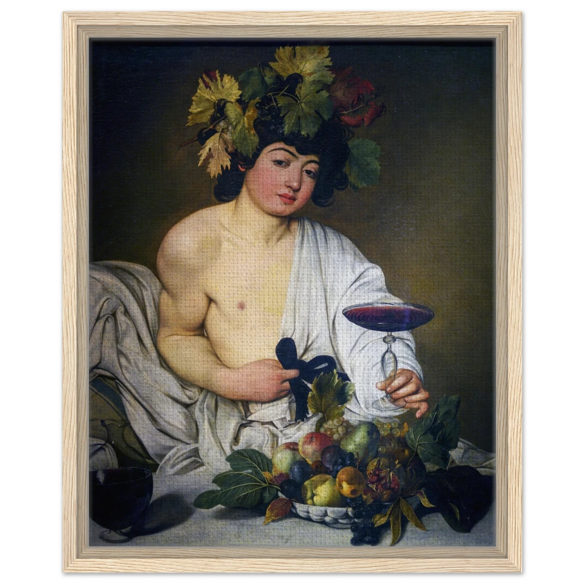 Bacchus (c. 1596) by Michelangelo Merisi da Caravaggio | Wall art Print | Vintage Collection - Framed Canvas - 40x50 cm / 16x20″ - Wood frame