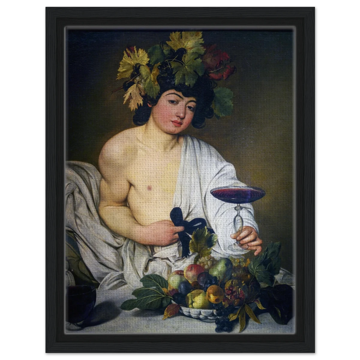 Bacchus (c. 1596) by Michelangelo Merisi da Caravaggio | Wall art Print | Vintage Collection - Framed Canvas - 30x40 cm / 12x16″ - Black frame