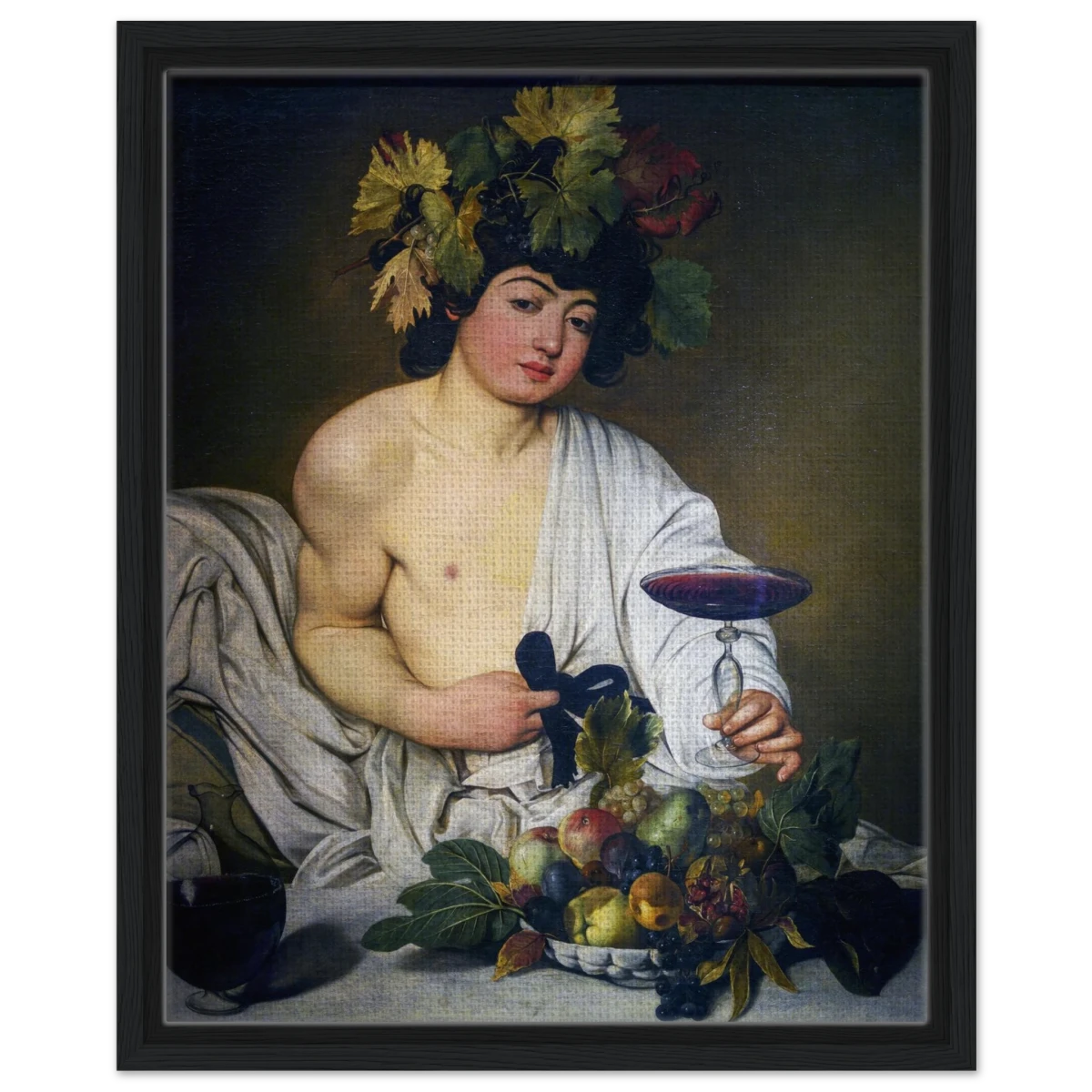 Bacchus (c. 1596) by Michelangelo Merisi da Caravaggio | Wall art Print | Vintage Collection - Framed Canvas - 40x50 cm / 16x20″ - Black frame