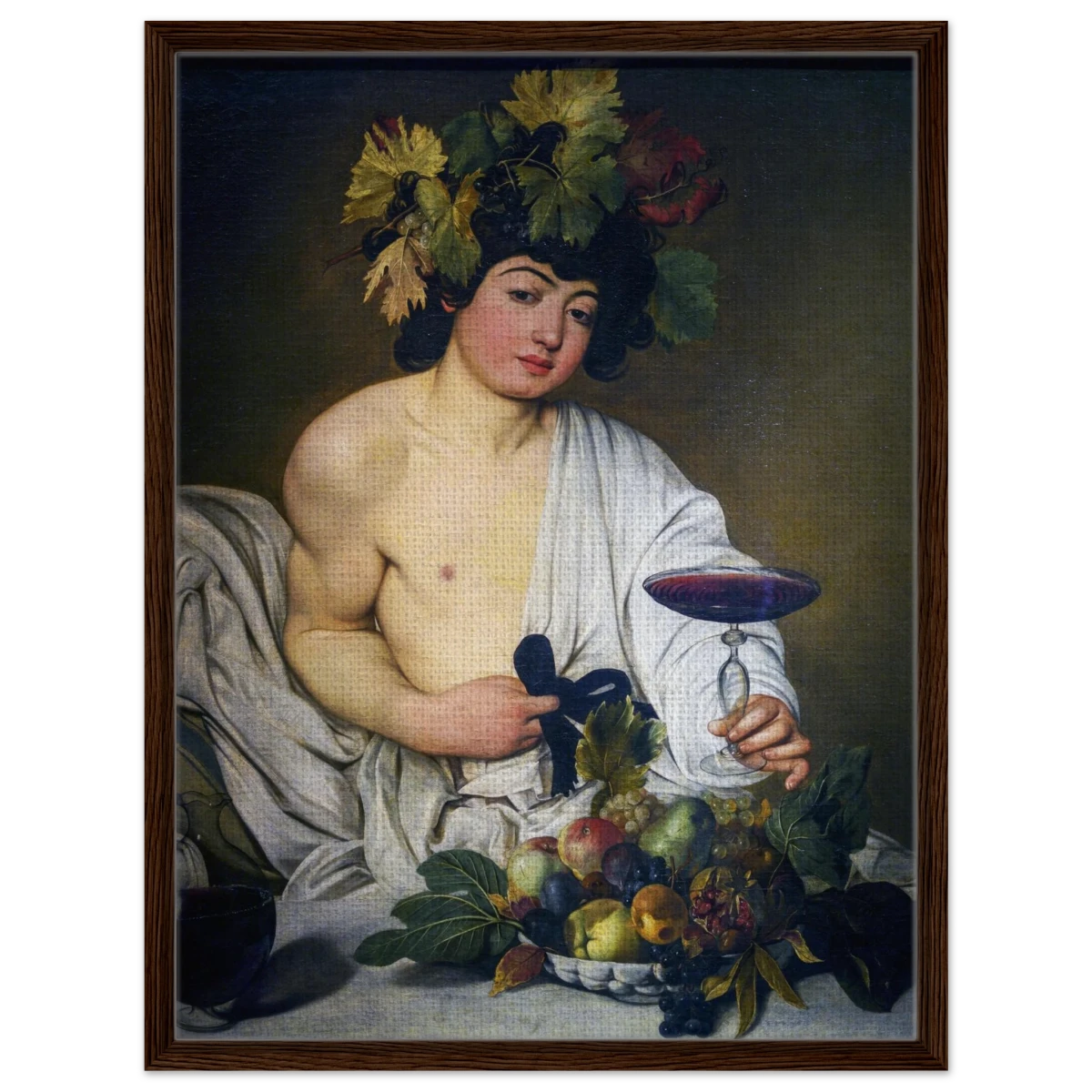 Bacchus (c. 1596) by Michelangelo Merisi da Caravaggio | Wall art Print | Vintage Collection - Framed Canvas - 60x80 cm / 24x32″ - Dark wood frame