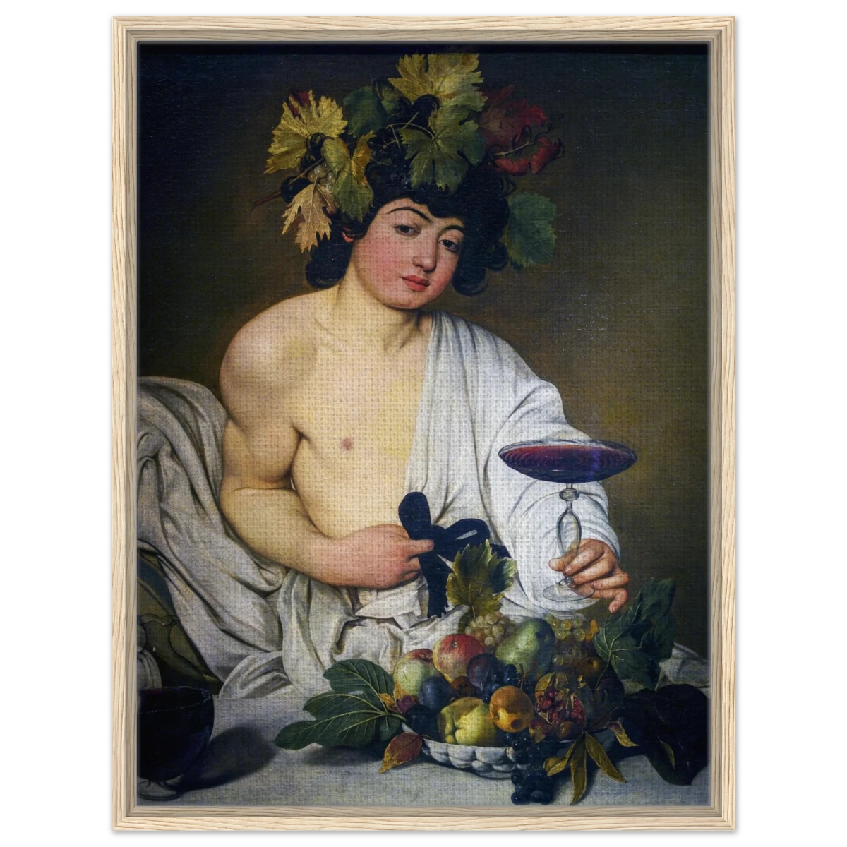 Bacchus (c. 1596) by Michelangelo Merisi da Caravaggio | Wall art Print | Vintage Collection - Framed Canvas - 60x80 cm / 24x32″ - Wood frame