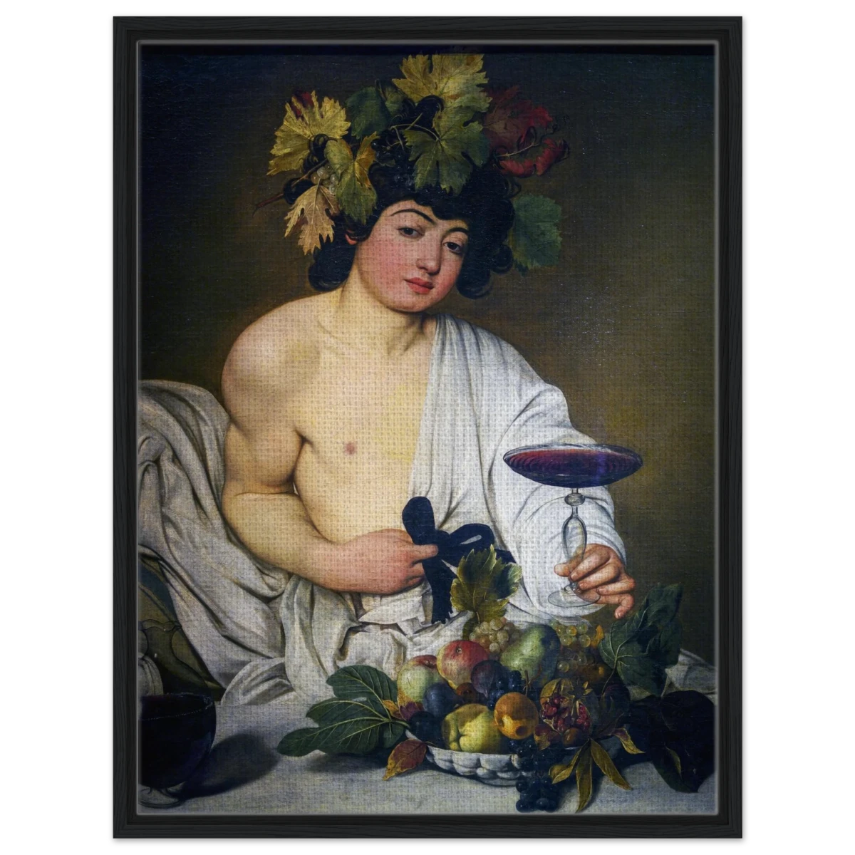 Bacchus (c. 1596) by Michelangelo Merisi da Caravaggio | Wall art Print | Vintage Collection - Framed Canvas - 60x80 cm / 24x32″ - Black frame