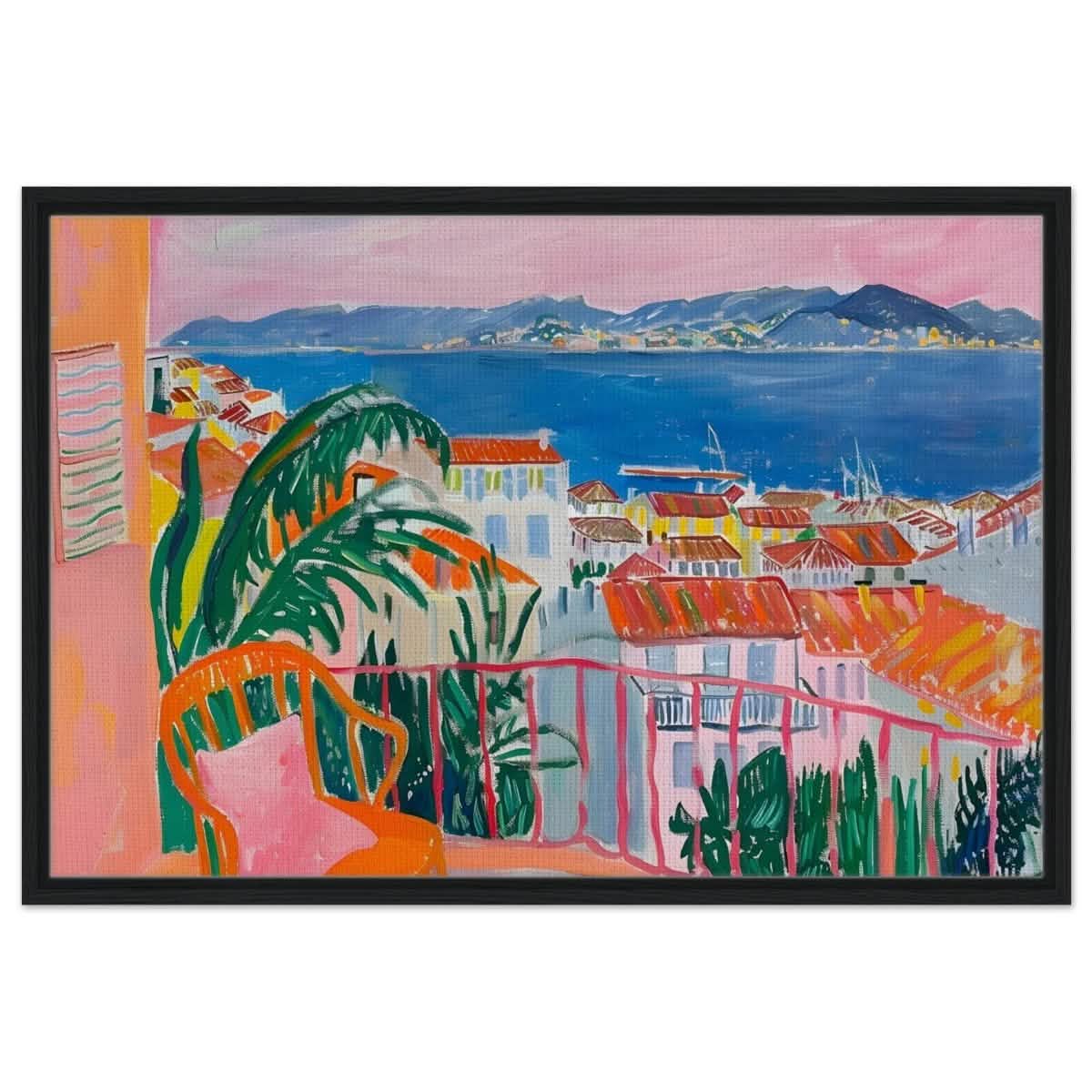 Balcony Dreams: A Coastal Escape | Contemporary Impressionism | wall art print - Framed Canvas - 60x90 cm / 24x36″ - Black frame