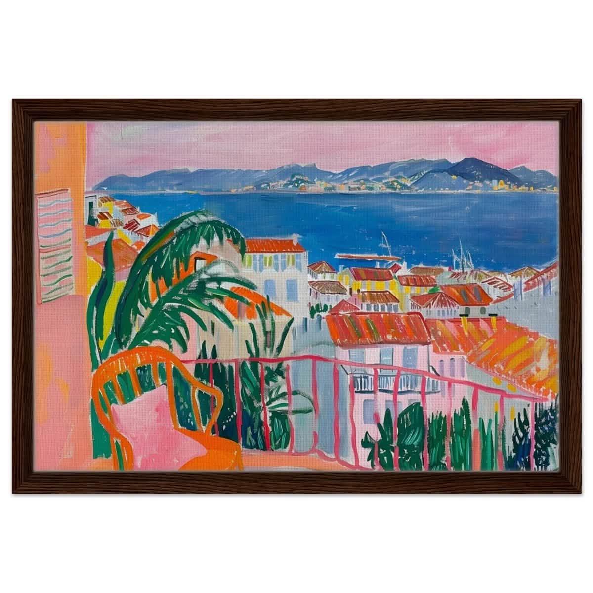 Balcony Dreams: A Coastal Escape | Contemporary Impressionism | wall art print - Framed Canvas - 40x60 cm / 16x24″ - Dark wood frame