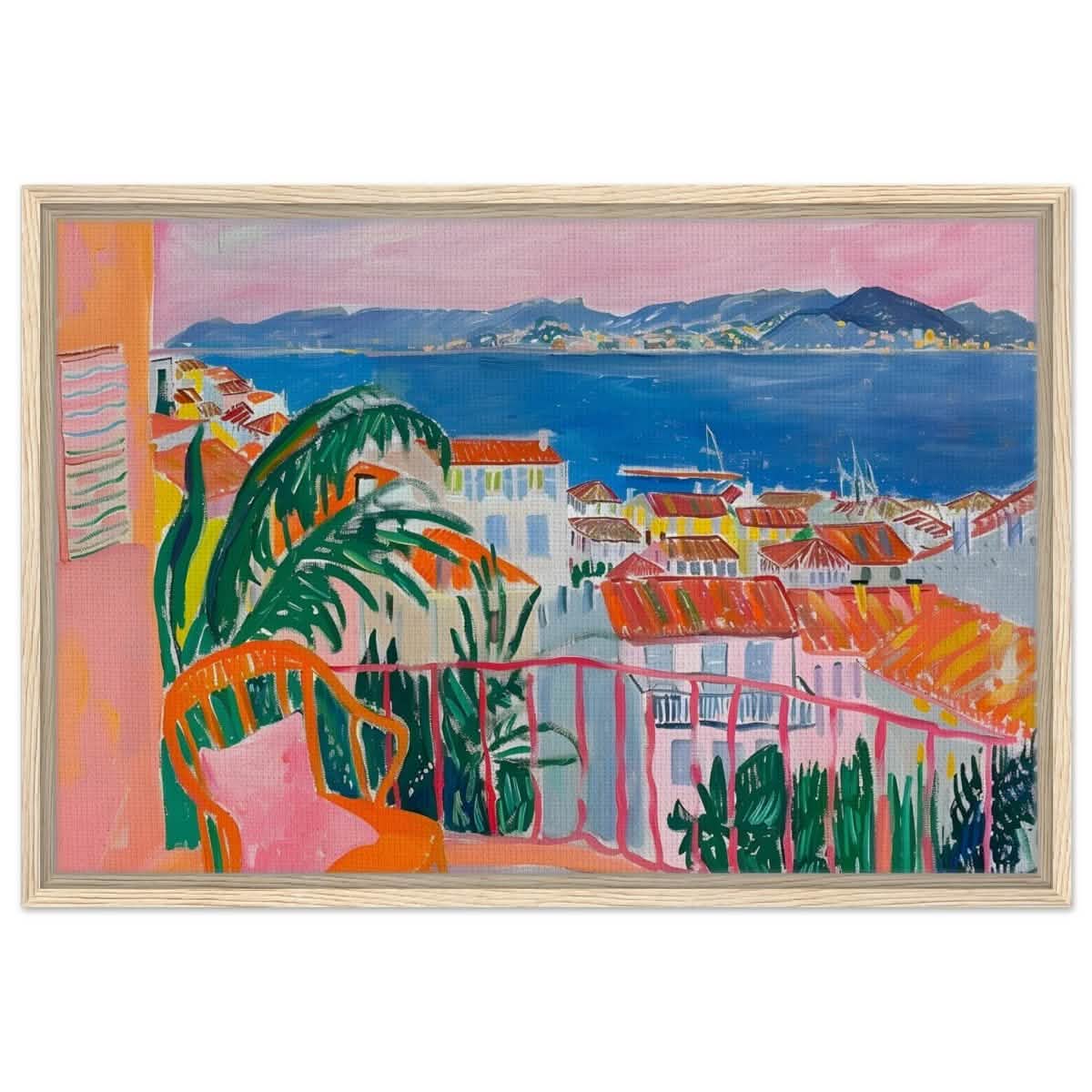 Balcony Dreams: A Coastal Escape | Contemporary Impressionism | wall art print - Framed Canvas - 50x75 cm / 20x30″ - Wood frame
