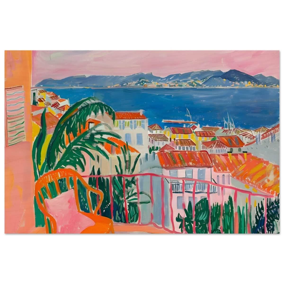 Balcony Dreams: A Coastal Escape | Contemporary Impressionism | wall art print - Wood Prints - 40x60 cm / 16x24″ -