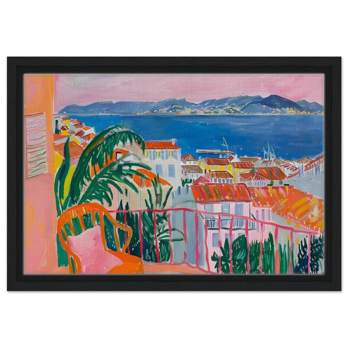 Balcony Dreams: A Coastal Escape | Contemporary Impressionism | wall art print - Framed Canvas - 30x45 cm / 12x18″ - Black frame