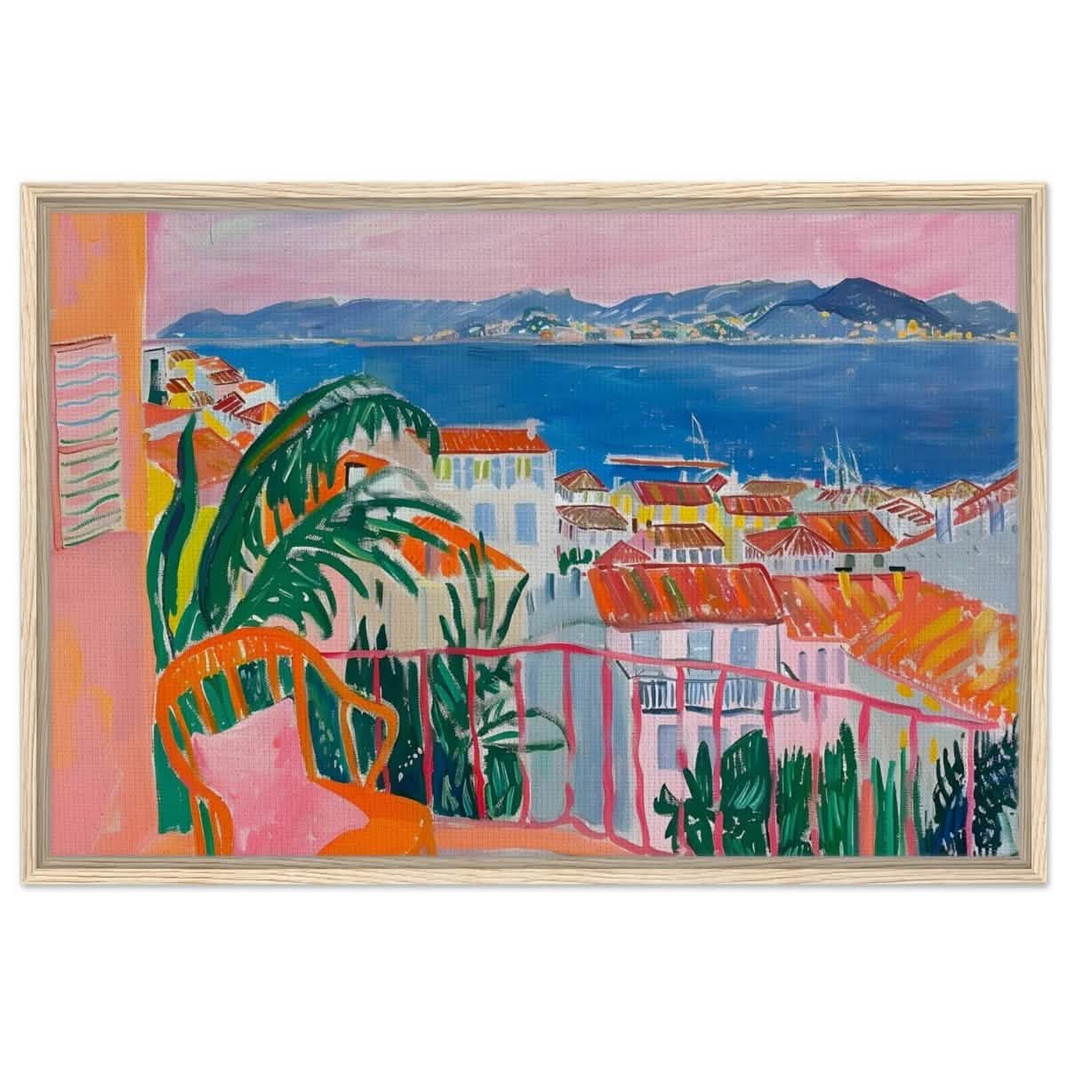 Balcony Dreams: A Coastal Escape | Contemporary Impressionism | wall art print - Framed Canvas - 60x90 cm / 24x36″ - Wood frame