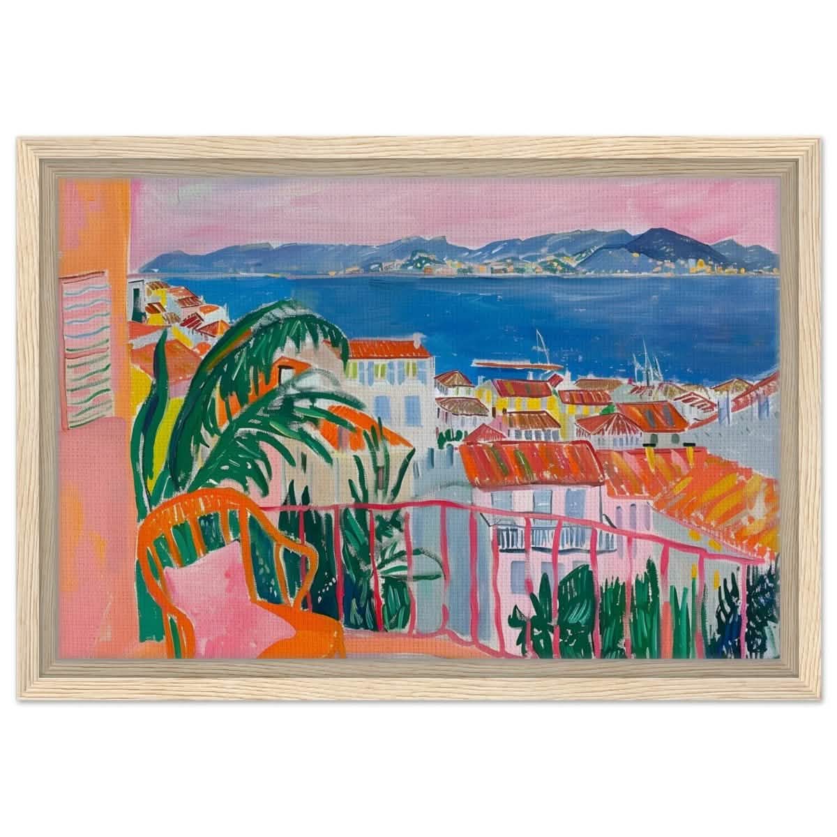 Balcony Dreams: A Coastal Escape | Contemporary Impressionism | wall art print - Framed Canvas - 30x45 cm / 12x18″ - Wood frame