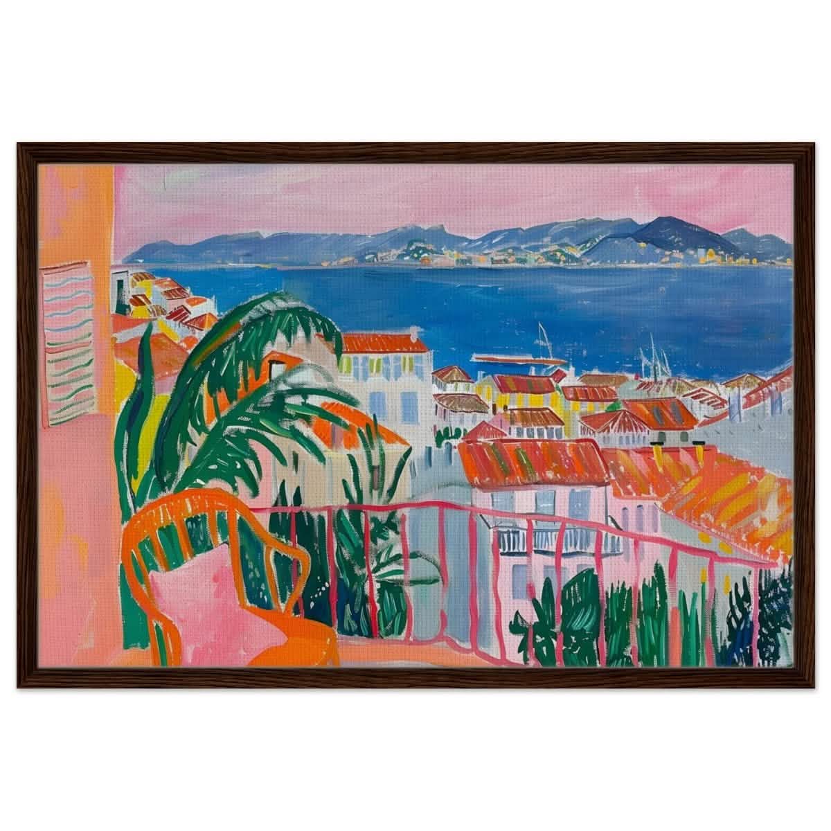 Balcony Dreams: A Coastal Escape | Contemporary Impressionism | wall art print - Framed Canvas - 60x90 cm / 24x36″ - Dark wood frame