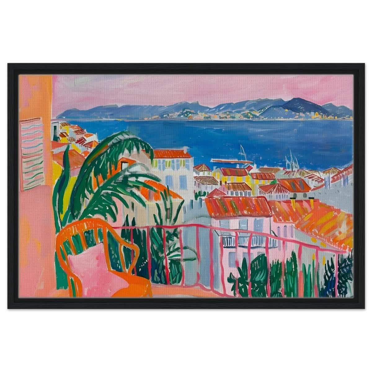 Balcony Dreams: A Coastal Escape | Contemporary Impressionism | wall art print - Framed Canvas - 50x75 cm / 20x30″ - Black frame