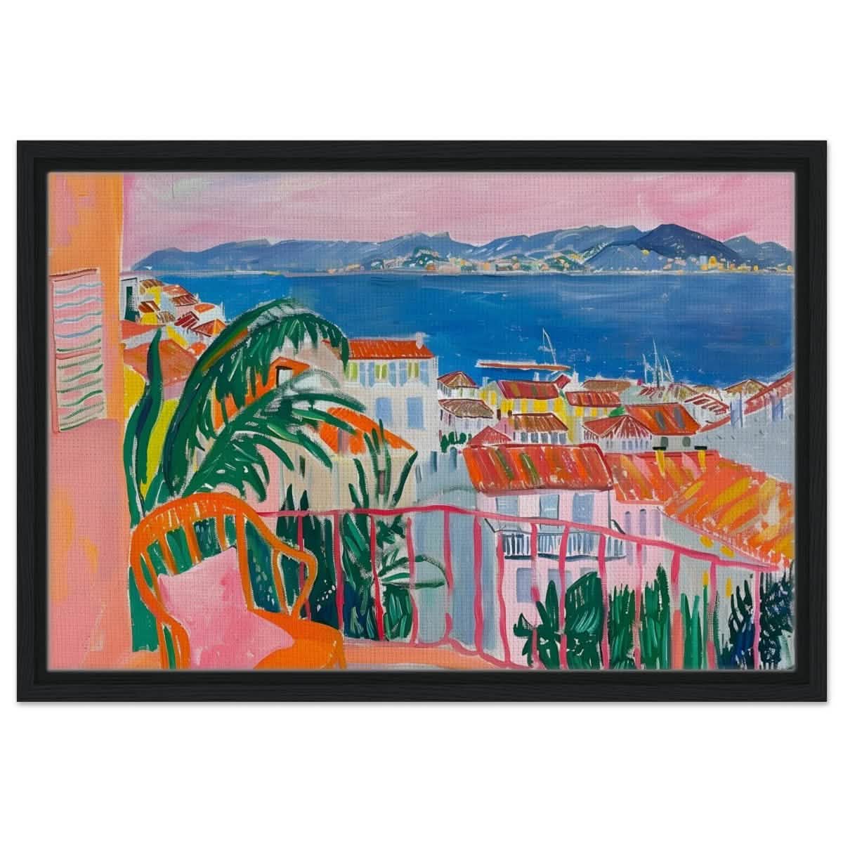 Balcony Dreams: A Coastal Escape | Contemporary Impressionism | wall art print - Framed Canvas - 40x60 cm / 16x24″ - Black frame