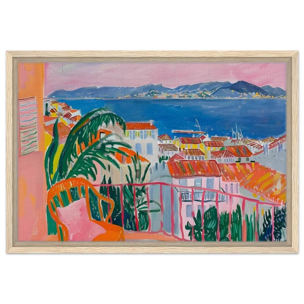 Balcony Dreams: A Coastal Escape | Contemporary Impressionism | wall art print - Framed Canvas - 40x60 cm / 16x24″ - Wood frame