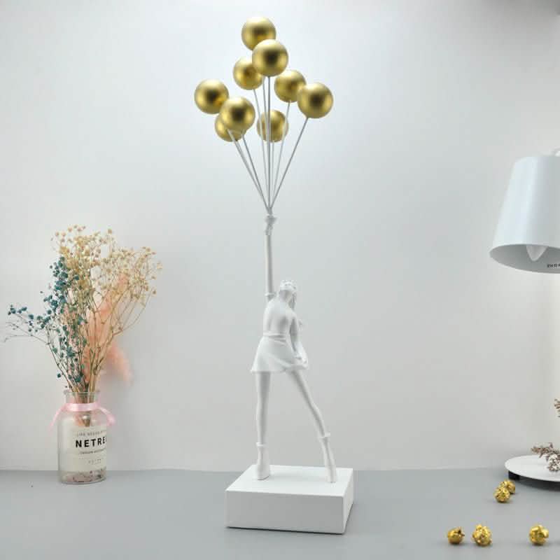 Balloon Girl & Candy Girl Sculptures – Modern Resin Art Décor - White with Golden Balloon -
