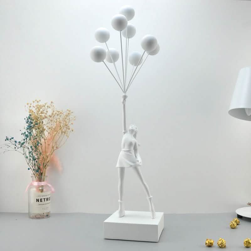 Balloon Girl & Candy Girl Sculptures – Modern Resin Art Décor - White with White Balloon -