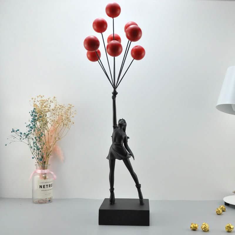 Balloon Girl & Candy Girl Sculptures – Modern Resin Art Décor - Black with Red Balloon -