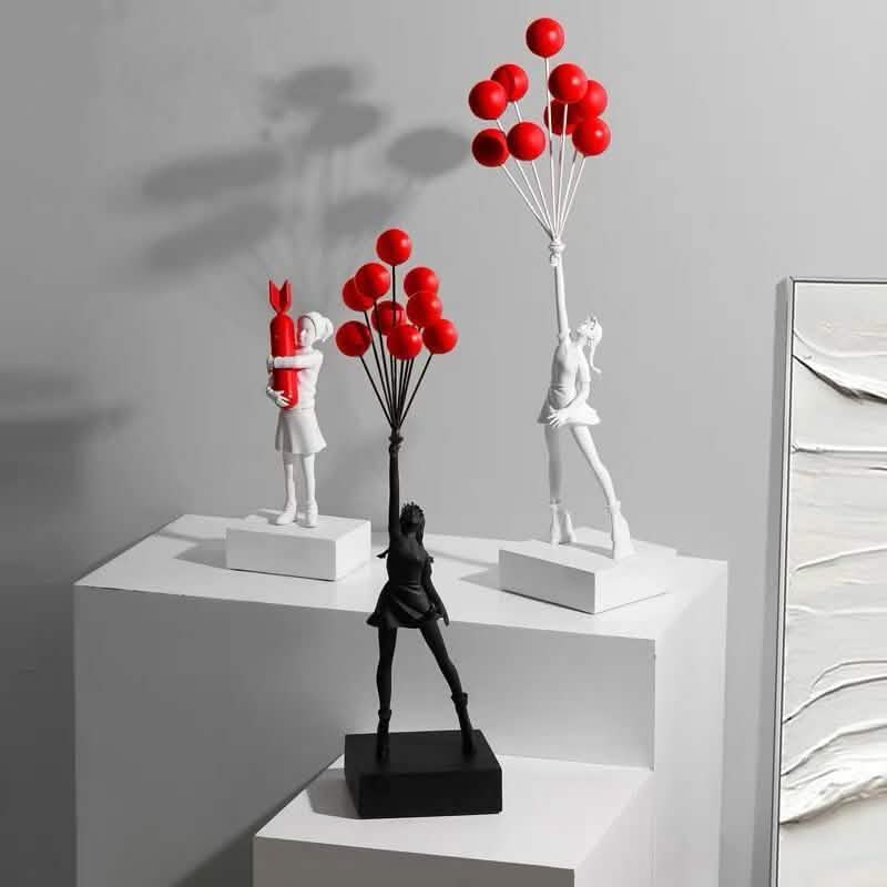 Balloon Girl & Candy Girl Sculptures – Modern Resin Art Décor - White L with Balloons -